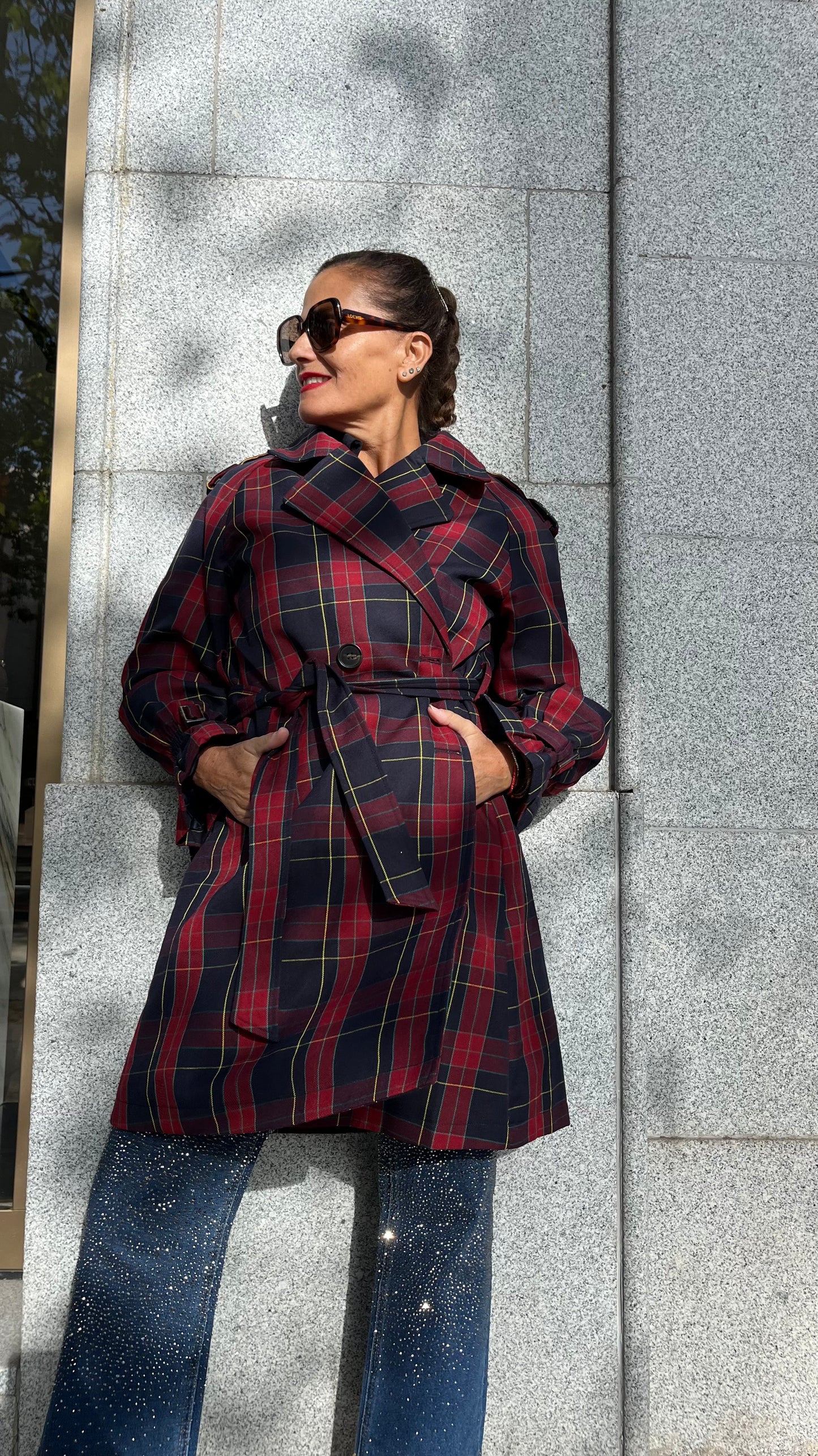 Gabardina de cuadros Tartán Burdeos Azul