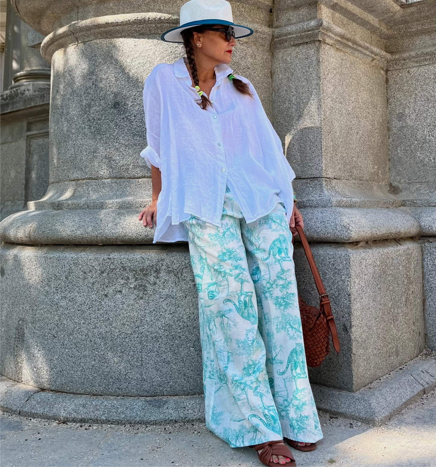 Pantalón de lino estampado Toile de Jouy