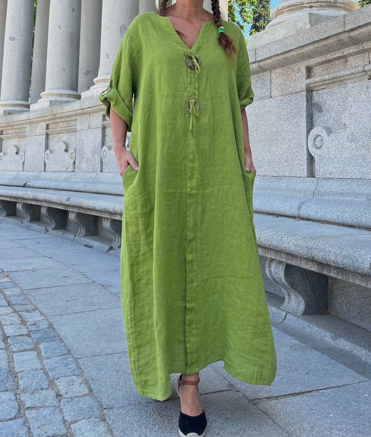 Vestido largo lino aceituna