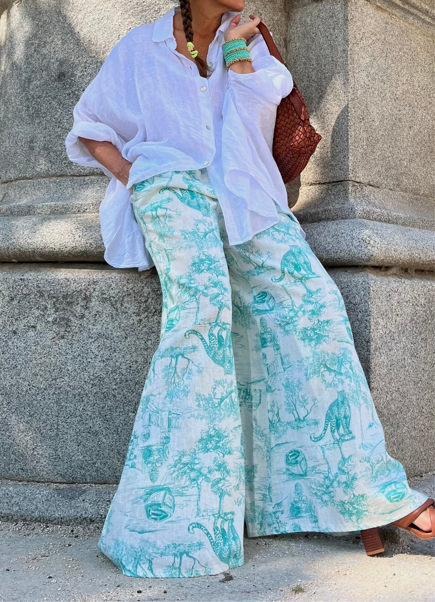 Pantalón de lino estampado Toile de Jouy