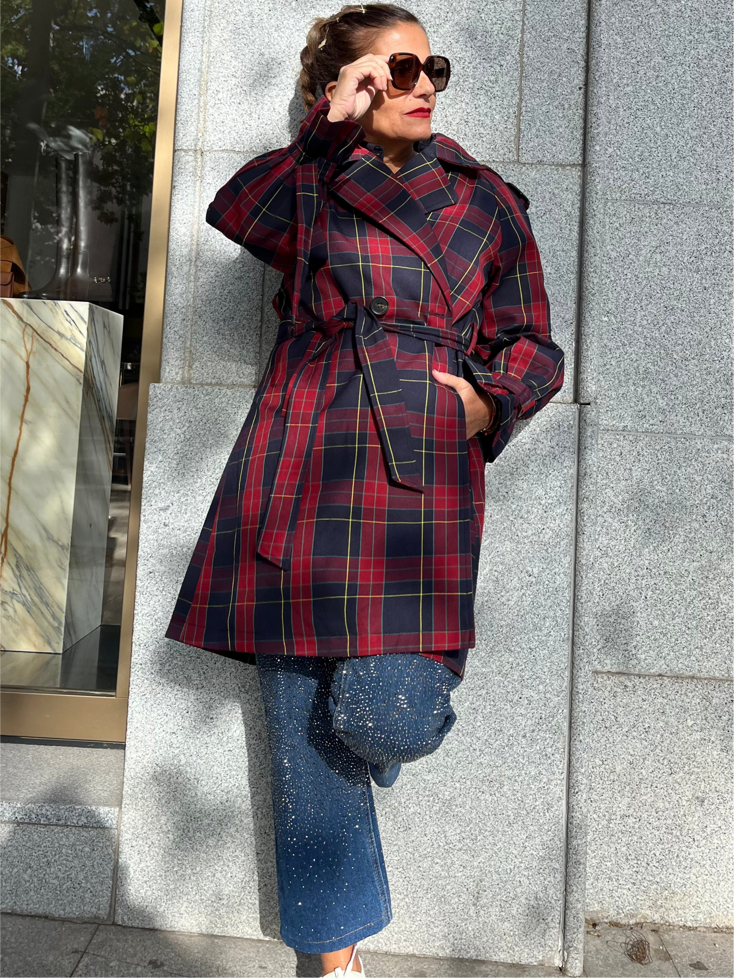 Gabardina de cuadros Tartán Burdeos Azul
