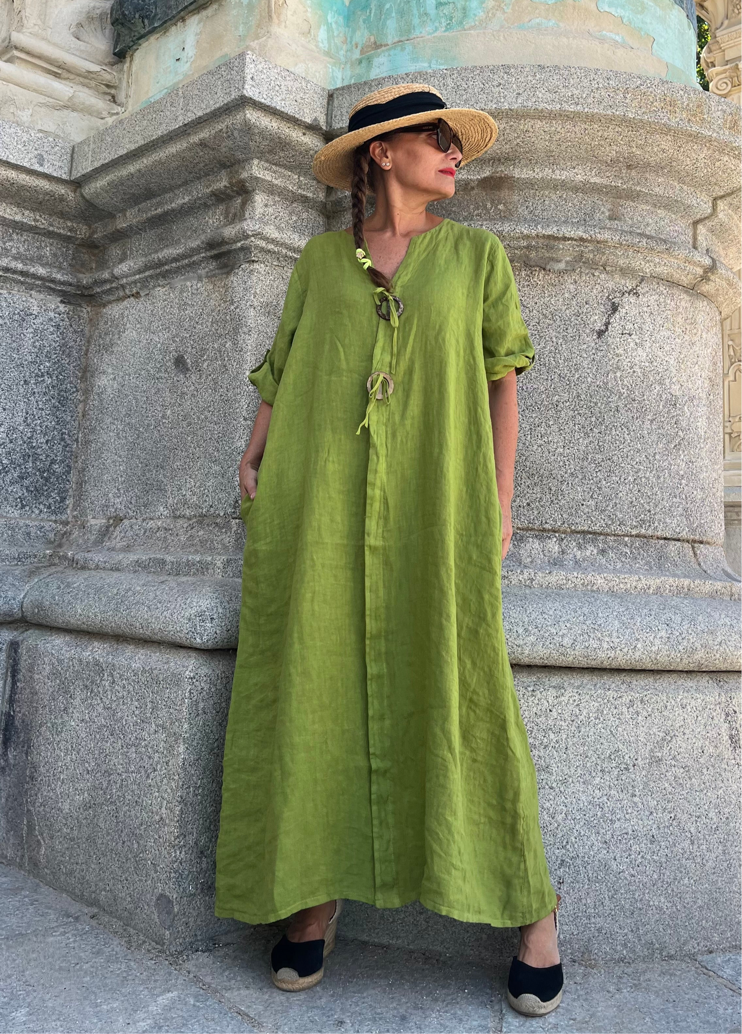 Vestido largo lino aceituna