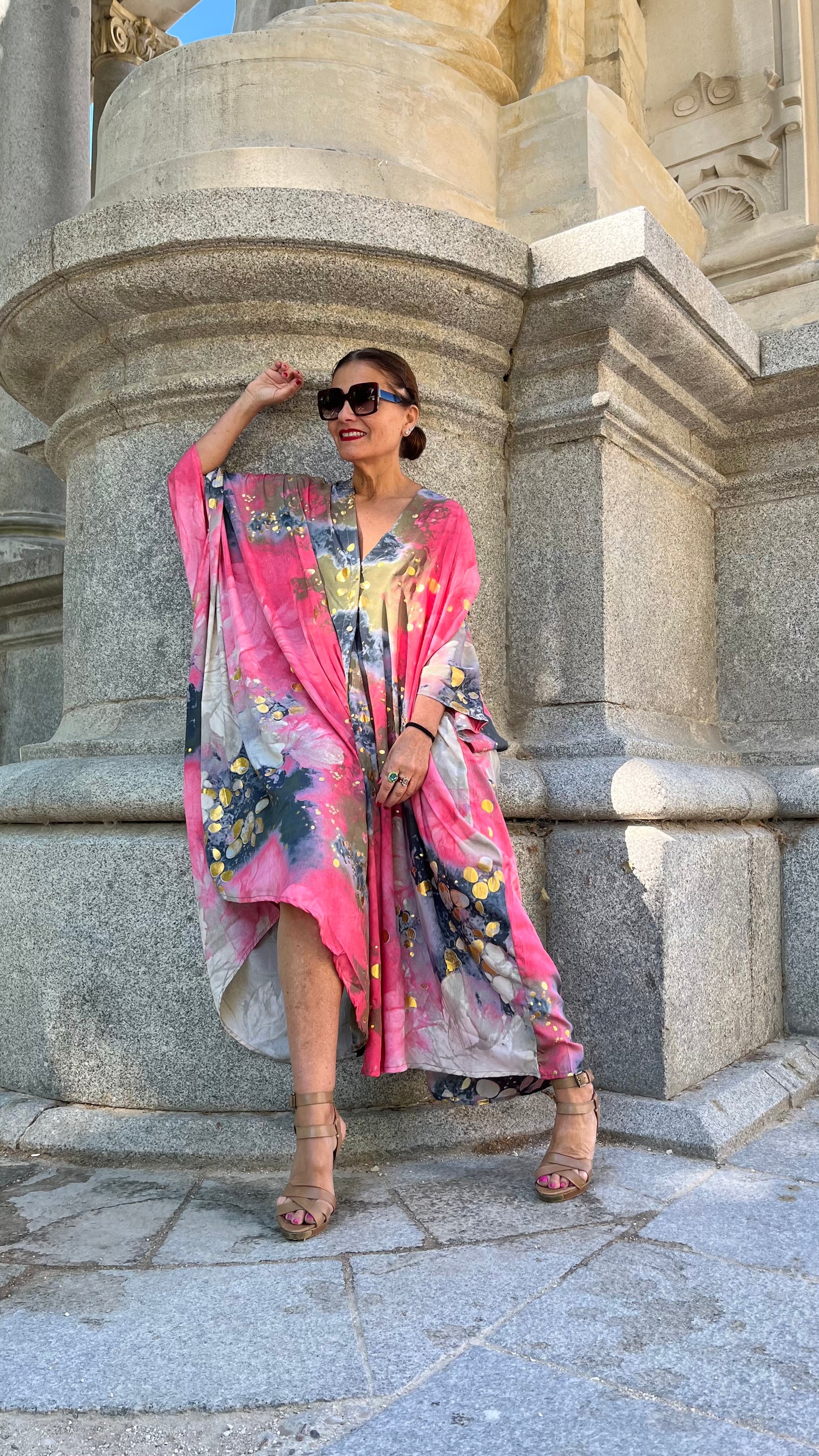 Vestido/Maxi chaqueta.Seda 70% (GRIS ORO / FUCSIA ORO/ AZUL ORO)