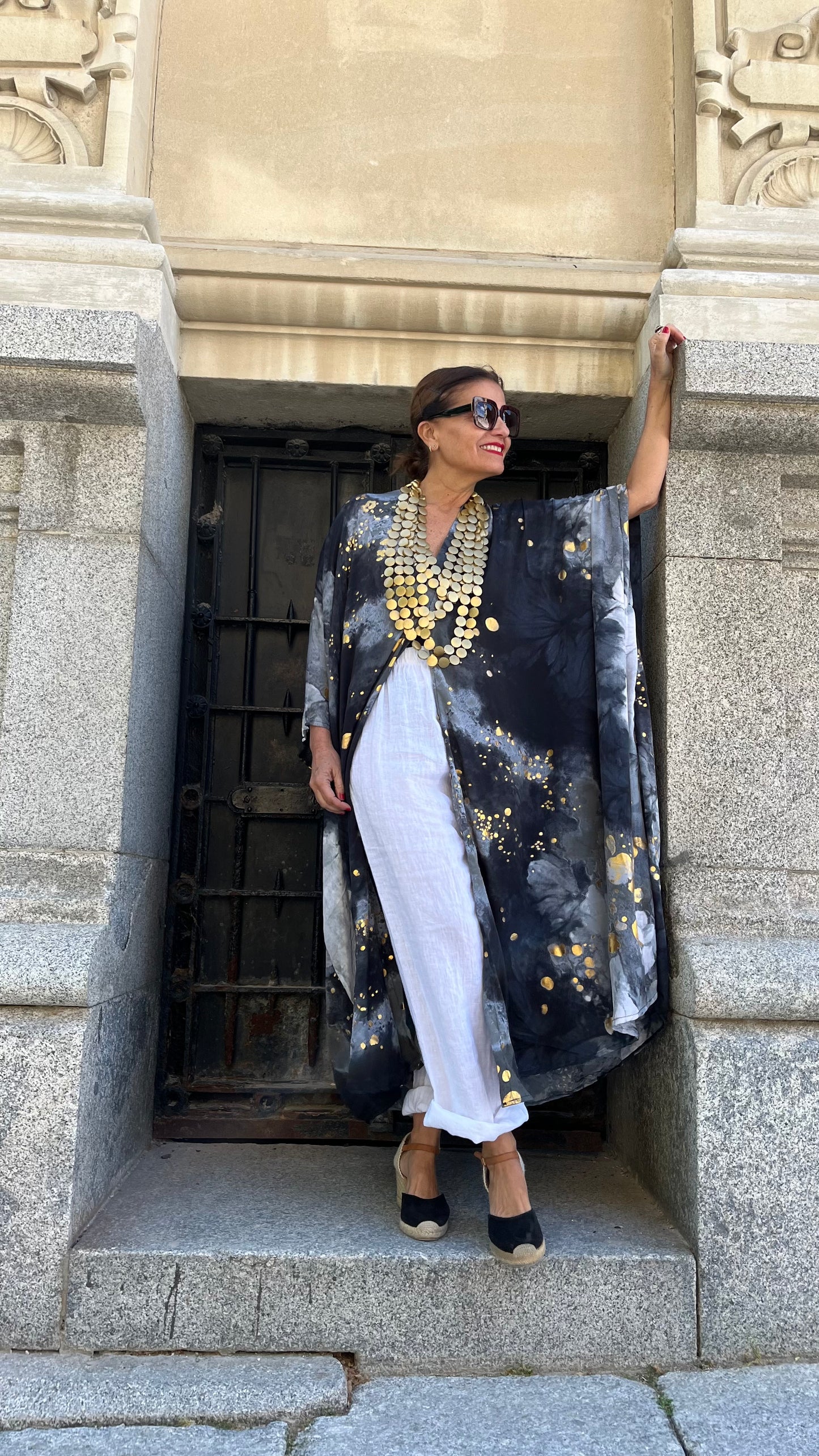 Vestido/Maxi chaqueta.Seda 70% (GRIS ORO / FUCSIA ORO/ AZUL ORO)