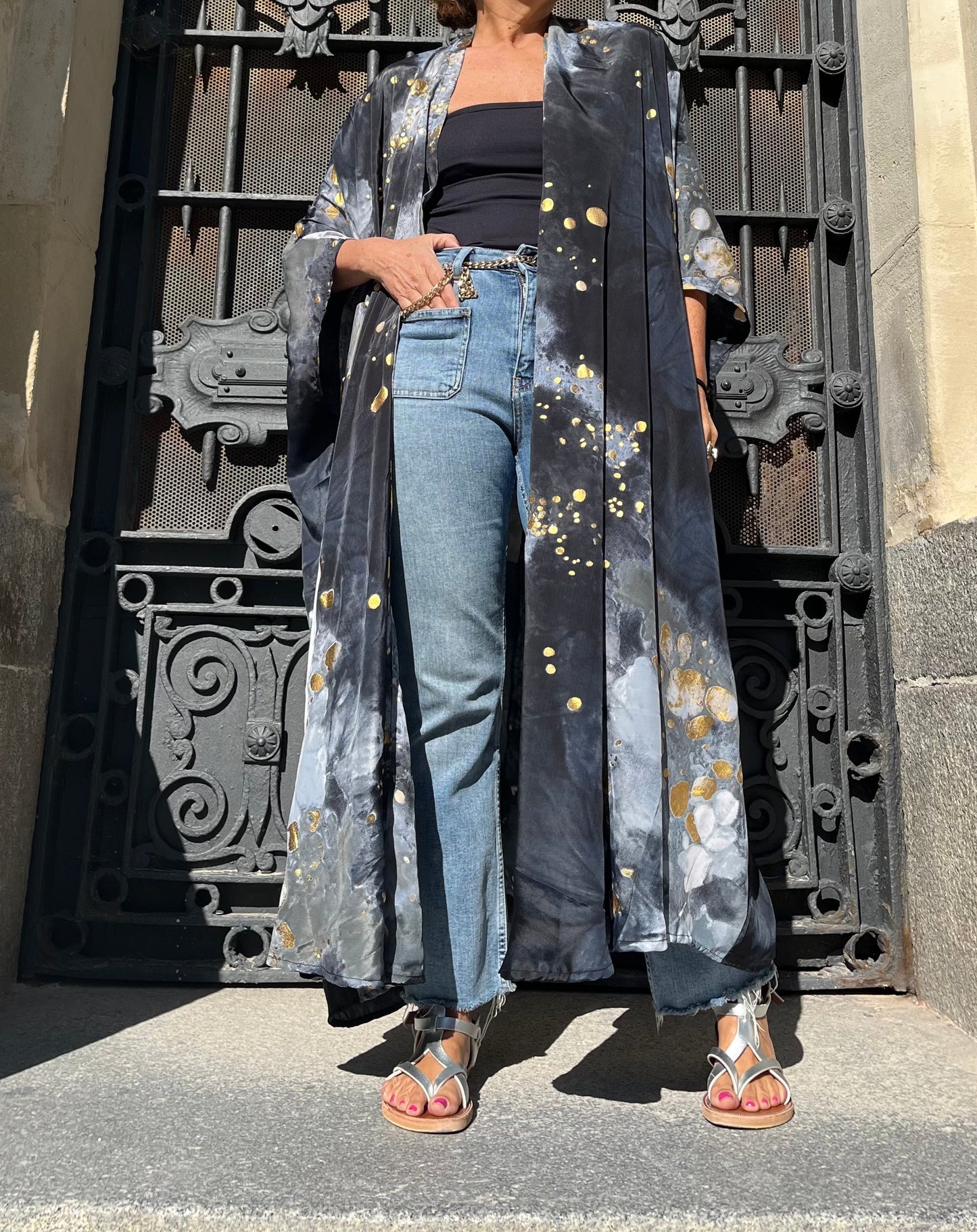 Vestido/Maxi chaqueta.Seda 70% (GRIS ORO / FUCSIA ORO/ AZUL ORO)