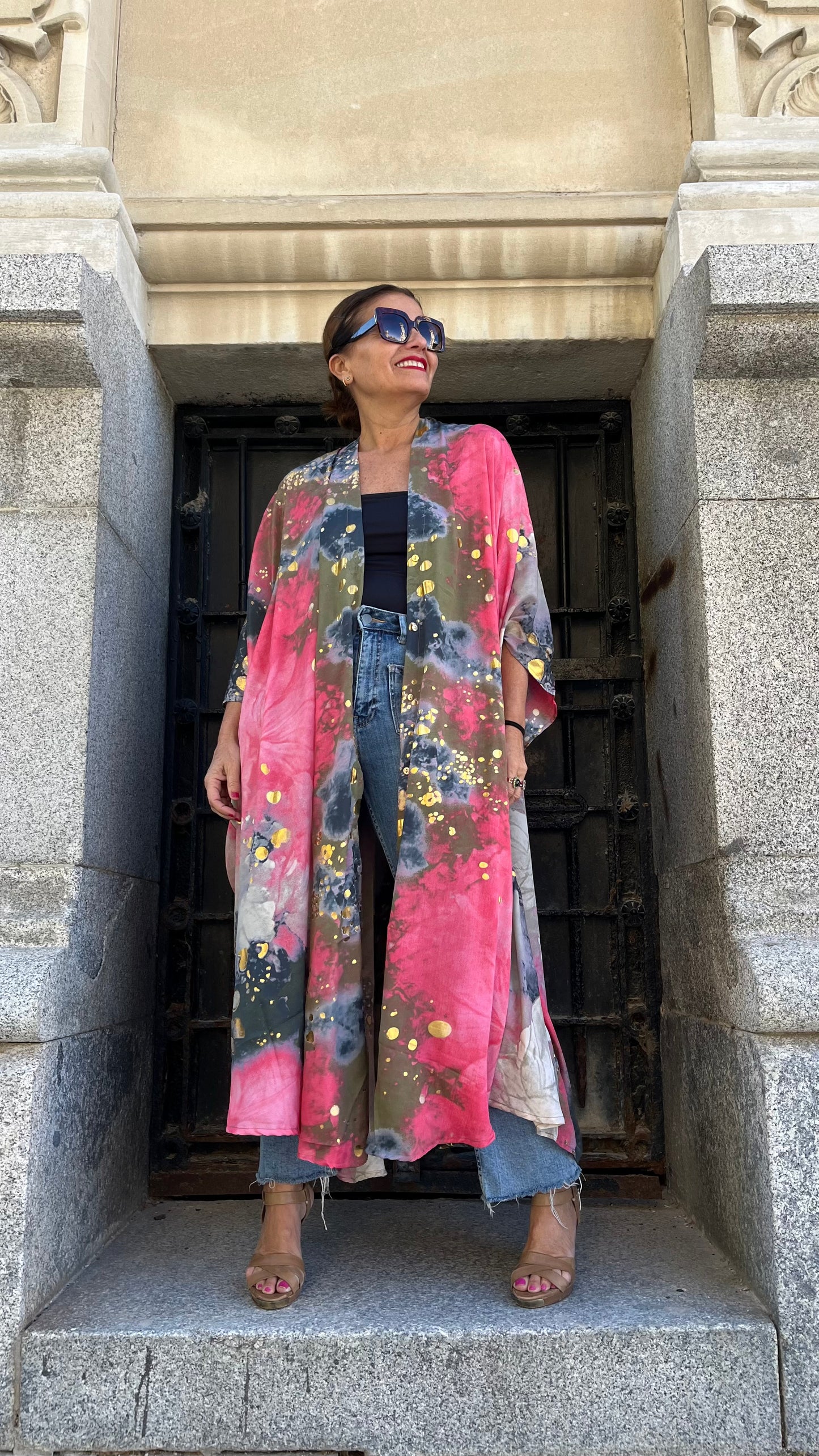 Vestido/Maxi chaqueta.Seda 70% (GRIS ORO / FUCSIA ORO/ AZUL ORO)