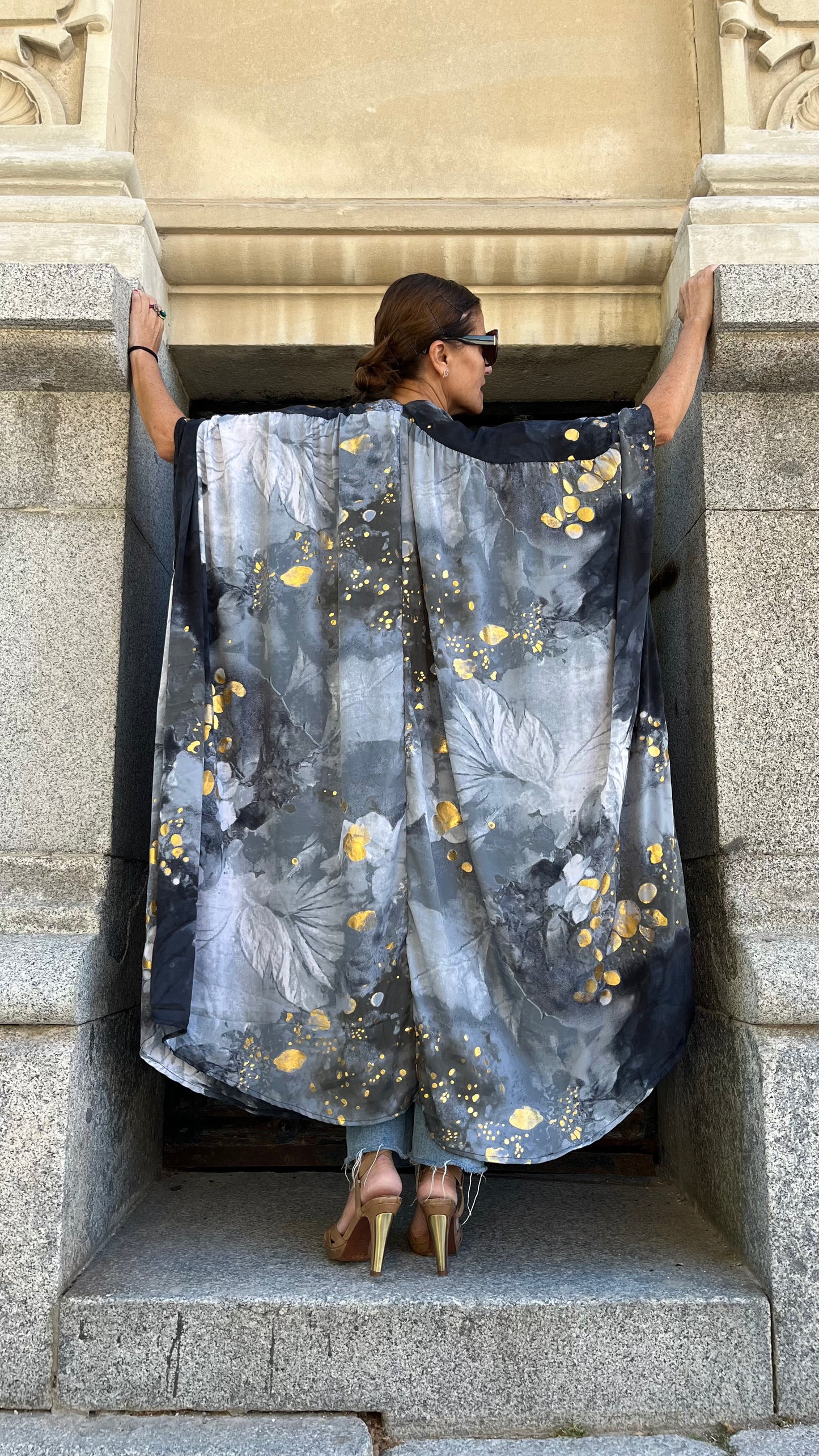 Vestido/Maxi chaqueta.Seda 70% (GRIS ORO / FUCSIA ORO/ AZUL ORO)