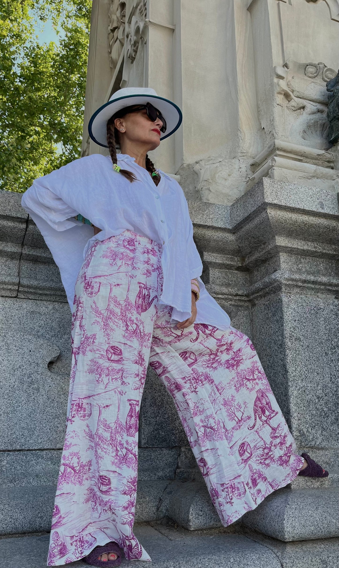 Pantalón estampado lino Toile de Jouy