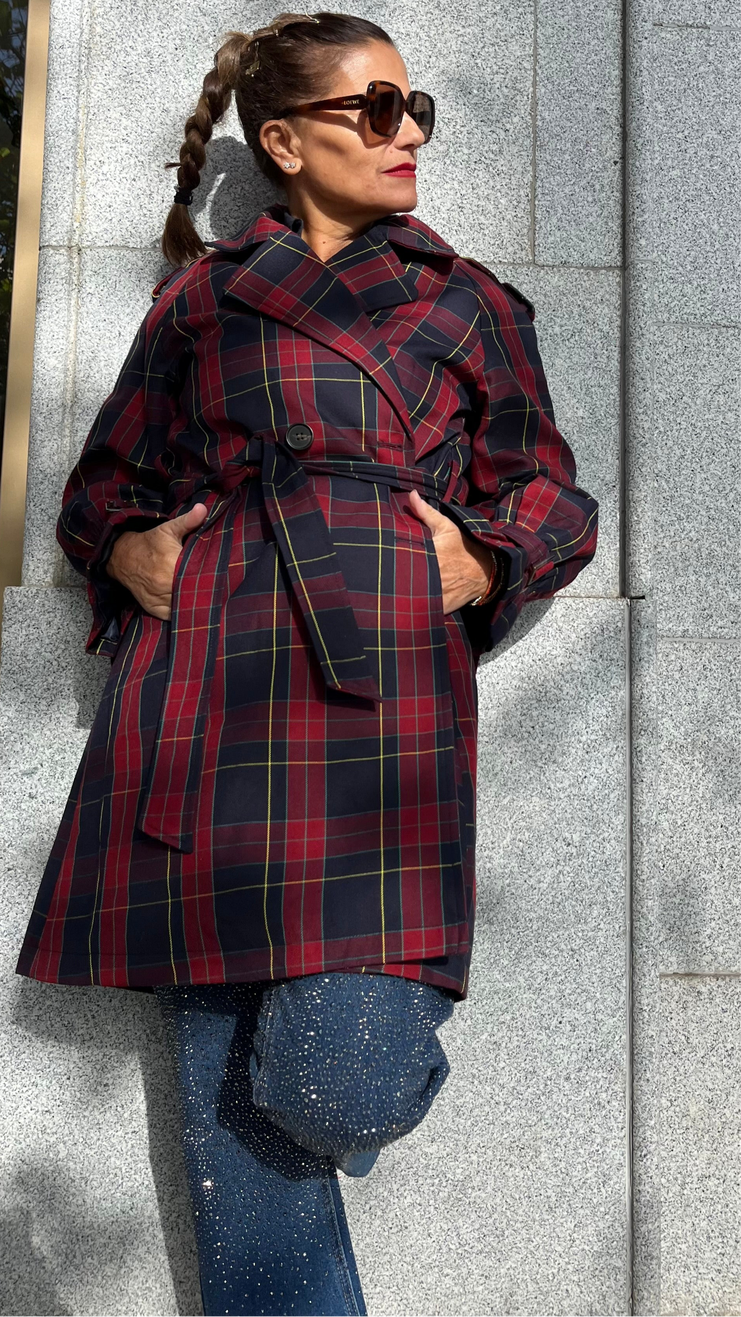 Gabardina de cuadros Tartán Burdeos Azul