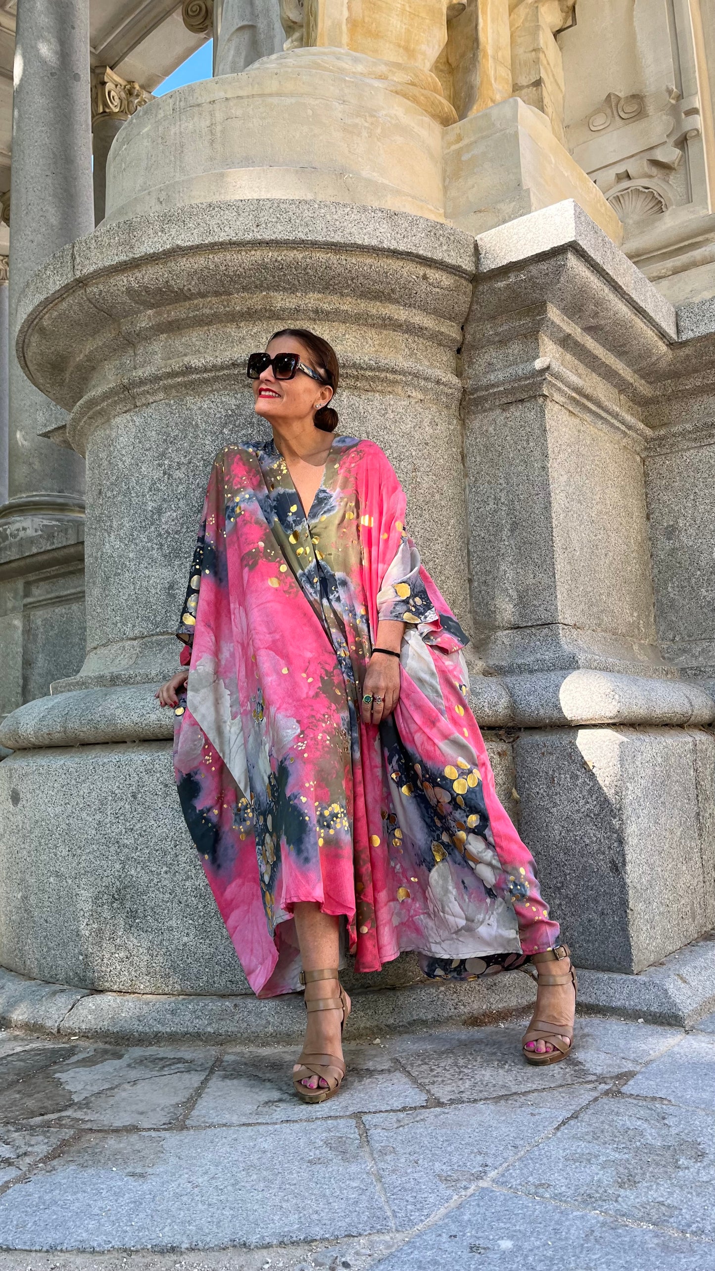 Vestido/Maxi chaqueta.Seda 70% (GRIS ORO / FUCSIA ORO/ AZUL ORO)