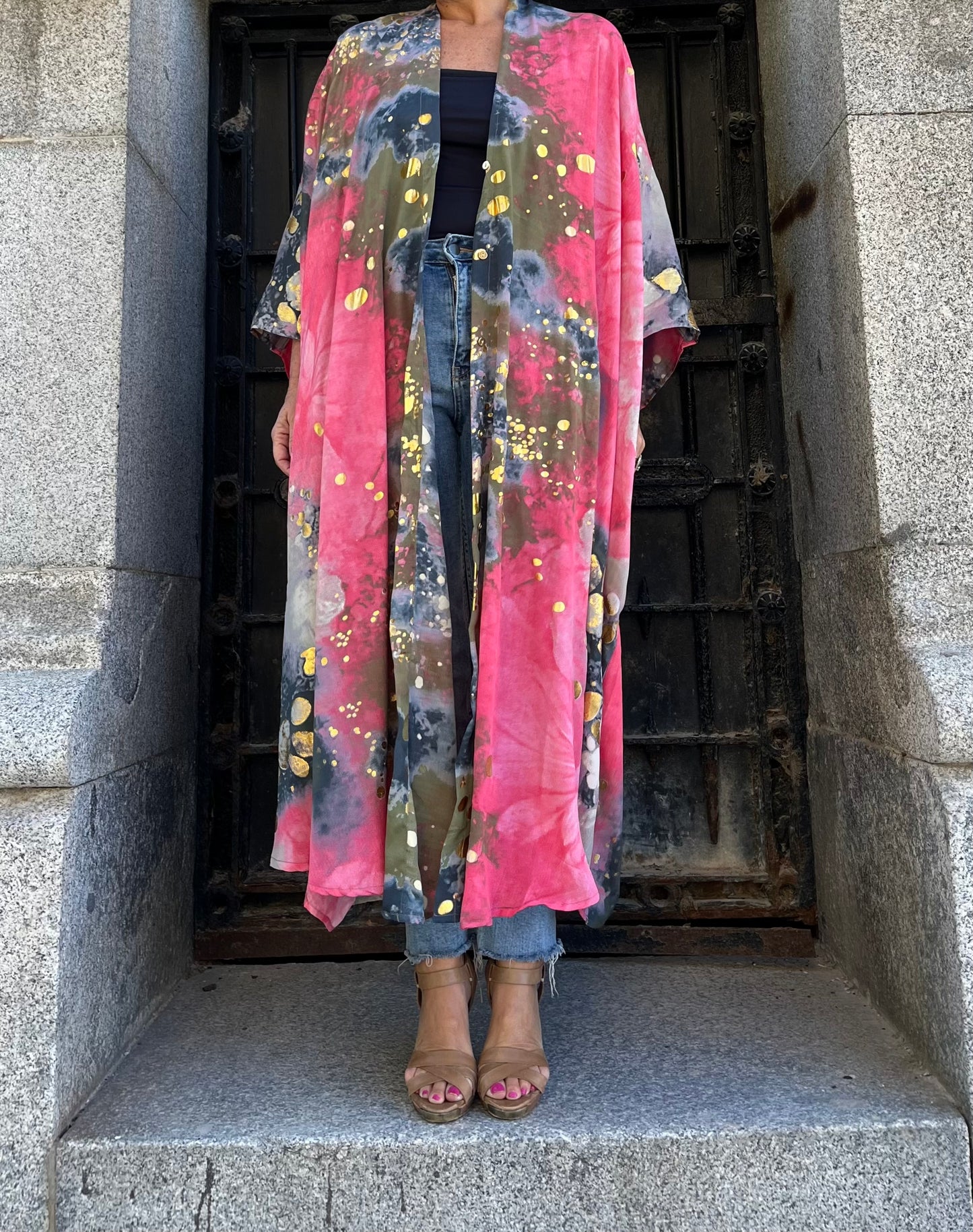 Vestido/Maxi chaqueta.Seda 70% (GRIS ORO / FUCSIA ORO/ AZUL ORO)