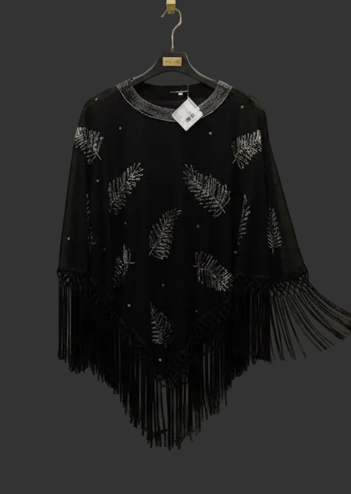Poncho joya negro bordado con flecos