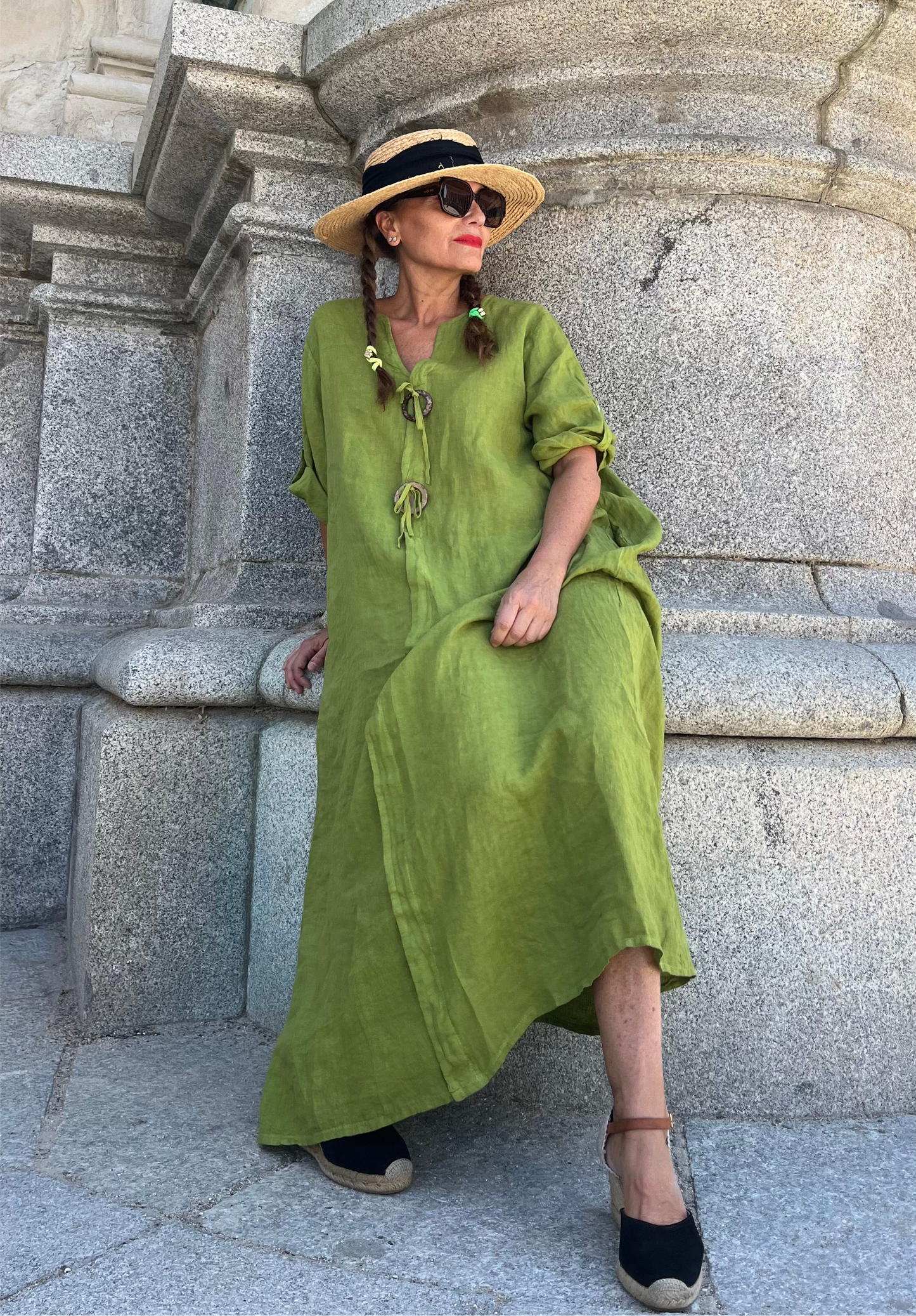 Vestido largo lino aceituna