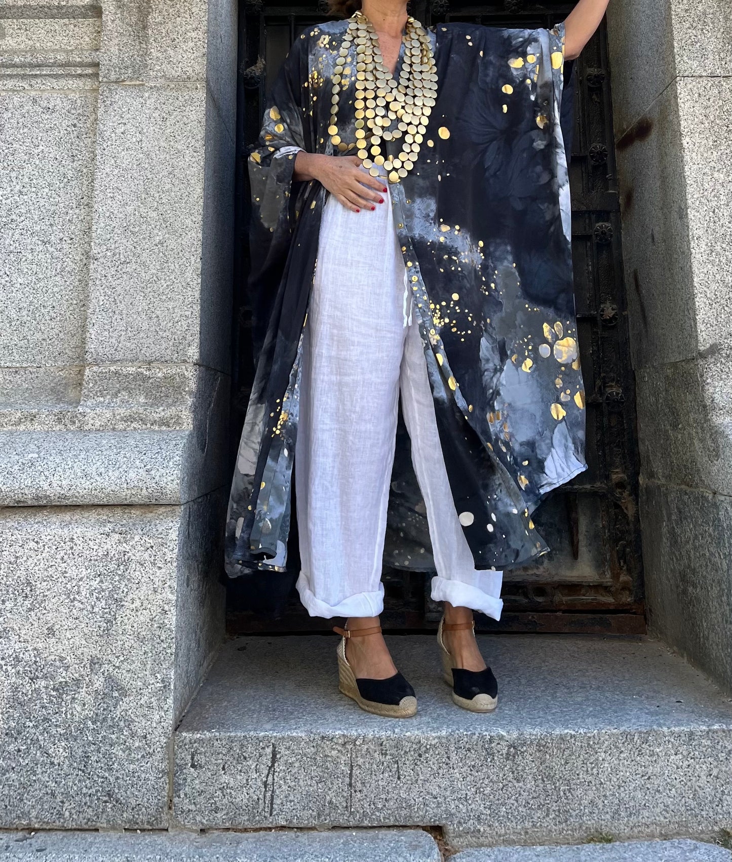Vestido/Maxi chaqueta.Seda 70% (GRIS ORO / FUCSIA ORO/ AZUL ORO)