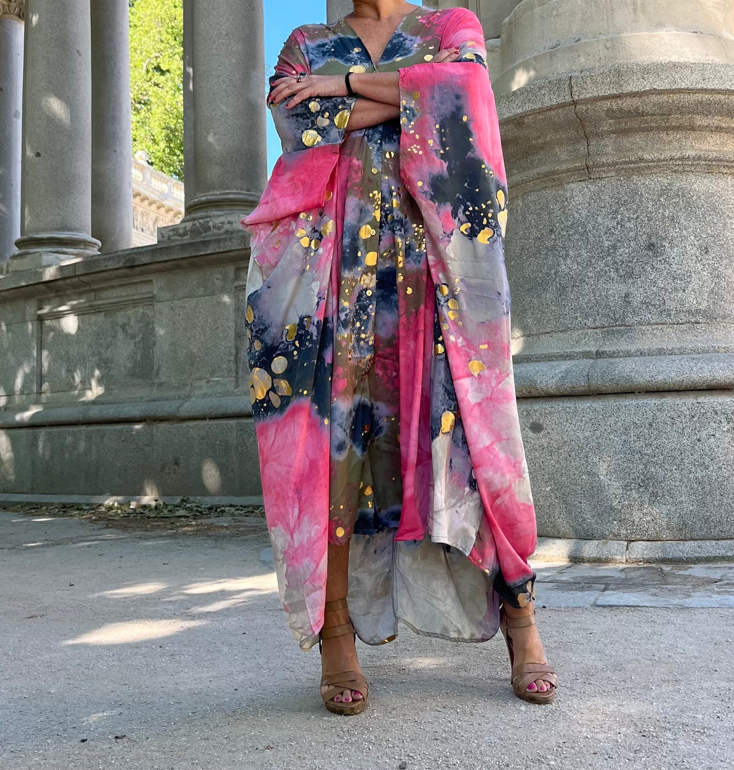Vestido/Maxi chaqueta.Seda 70% (GRIS ORO / FUCSIA ORO/ AZUL ORO)