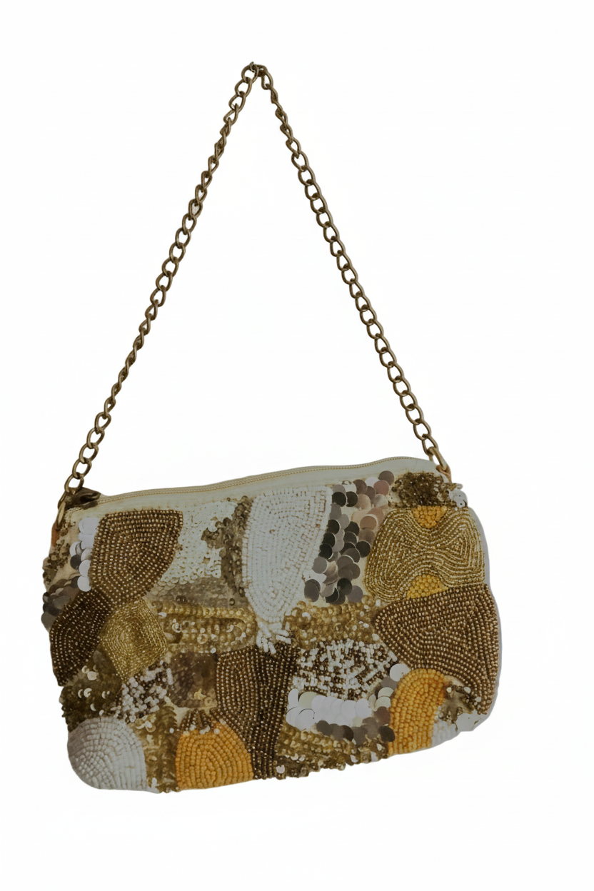Bolso joya bordado con cuentas oro dorado