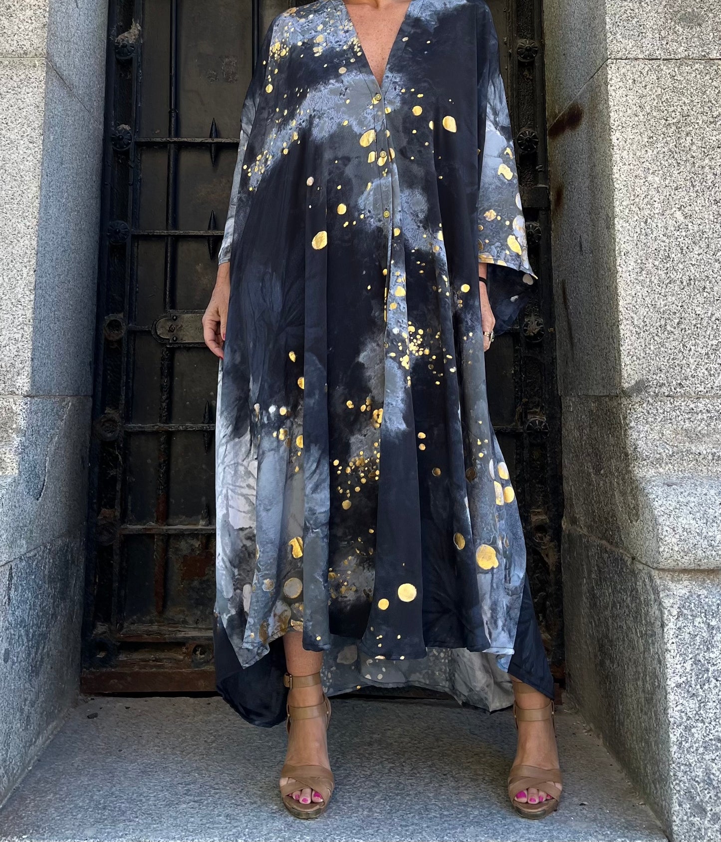 Vestido/Maxi chaqueta.Seda 70% (GRIS ORO / FUCSIA ORO/ AZUL ORO)