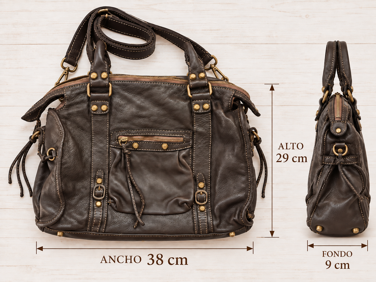 Medidas del bolso marrón chocolate: ancho 38 cm, alto 29 cm y fondo 9 cm.