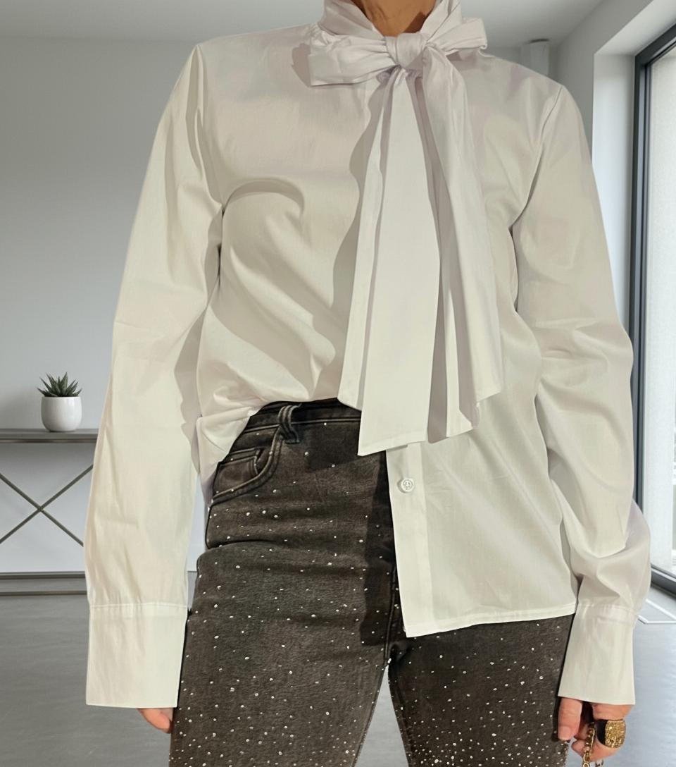 Camisa blanca con cuello lazo,cuello Pussy Bow