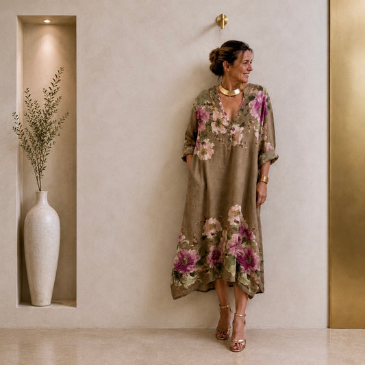 Vestido Kaftán Lino Pintado Estampado Floral