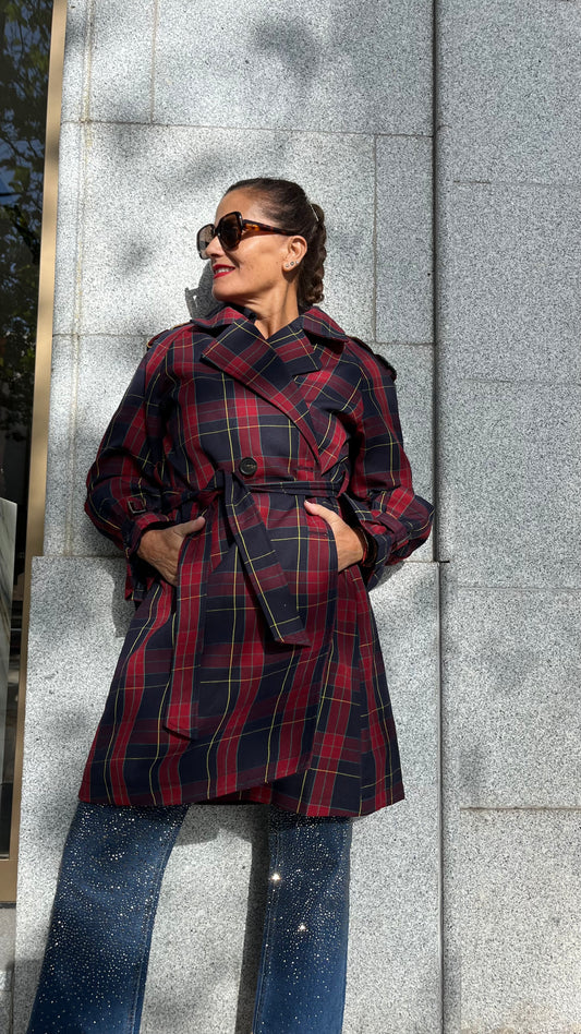 Gabardina de cuadros Tartán Burdeos Azul