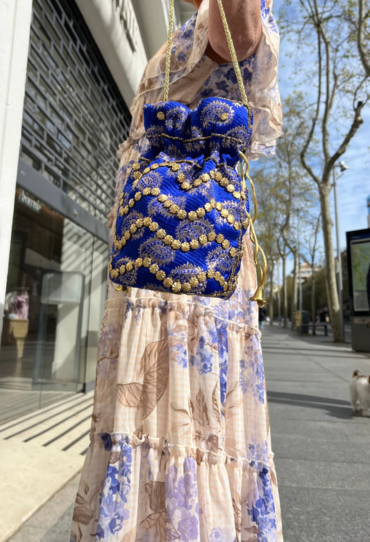 Bolso Bombonera marrón / azul oro.Seda con Jacquard.