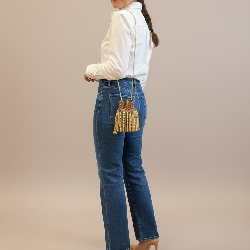 Bolso Bombonera marrón / azul oro.Seda con Jacquard.