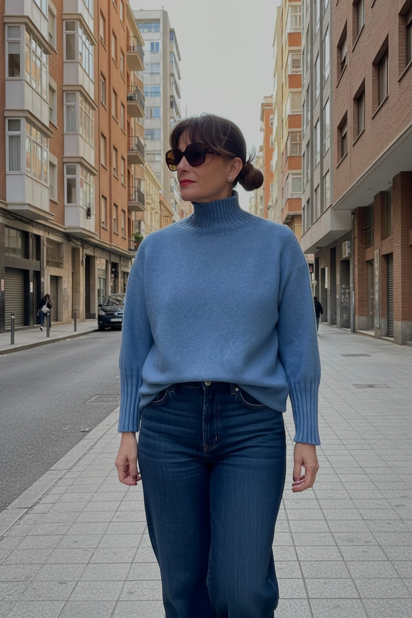 Jersey de punto azul vaquero