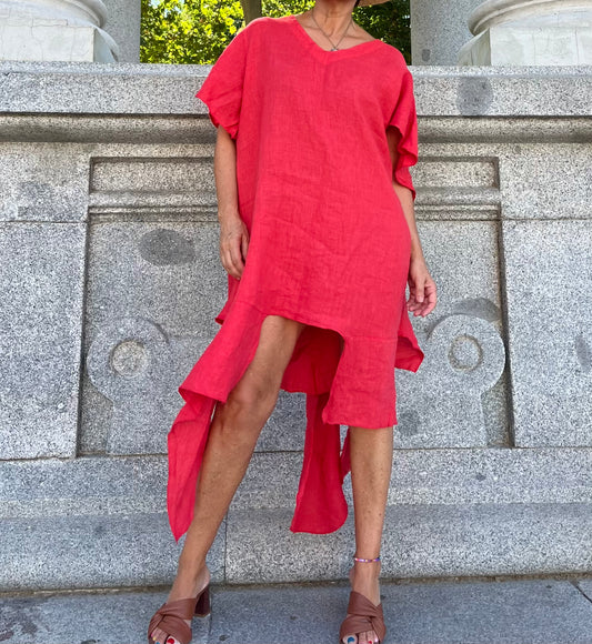 Lino-Vestido coral diseño asimétrico