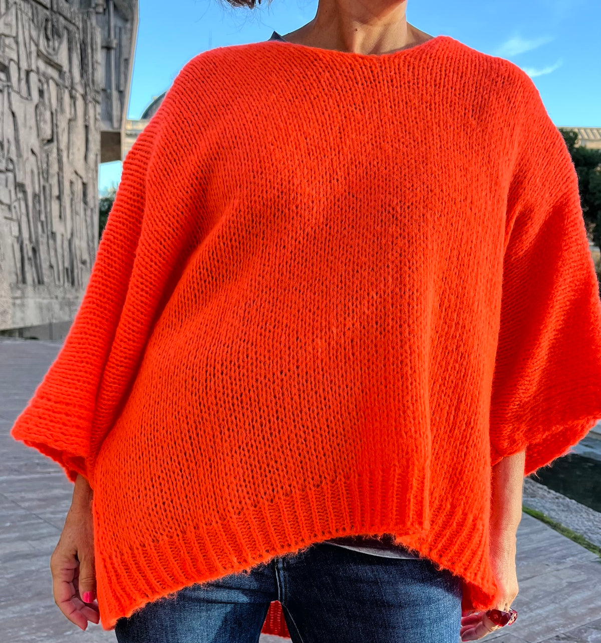 Jersey de punto naranja La Canaria, detalle de caída