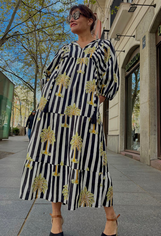 Vestido largo de algodón rayas blanco negro con palmeras