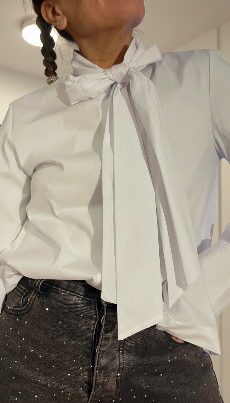 Camisa blanca con cuello lazo,cuello Pussy Bow