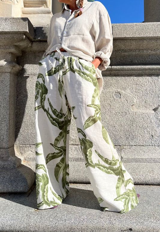 Pantalón de lino hojas