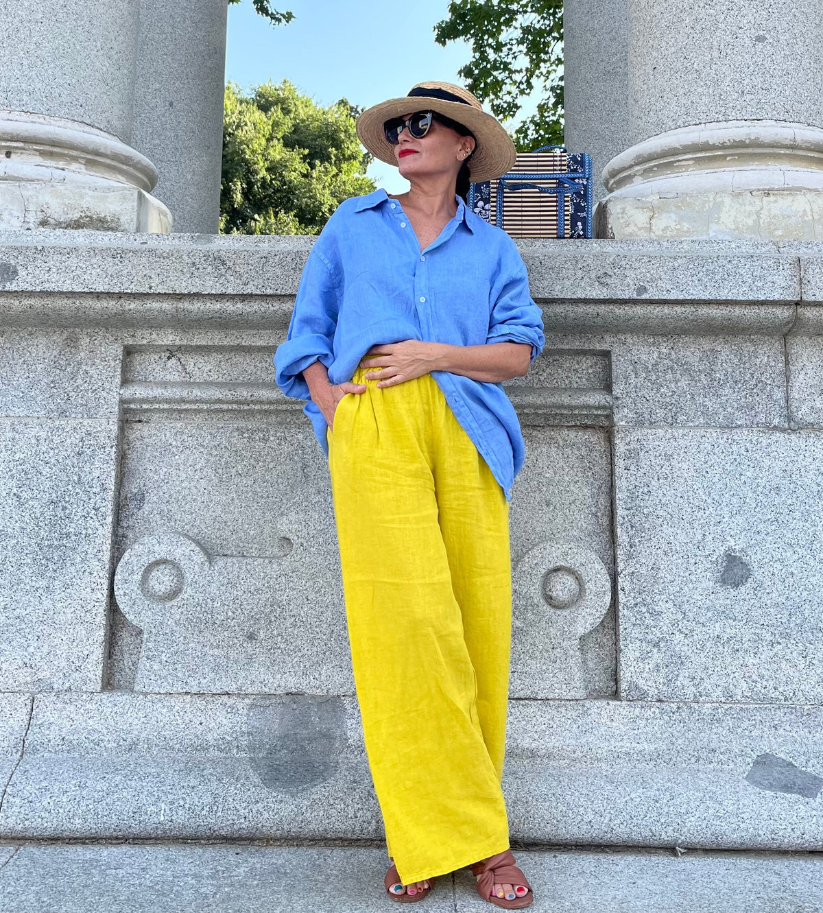 Pantalón palazzo amarillo de lino con bolsillos – La Canaria