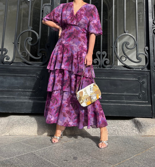 Vestido largo buganvilla con capas y escote pico cintura elástica invitada perfecta celebraciones