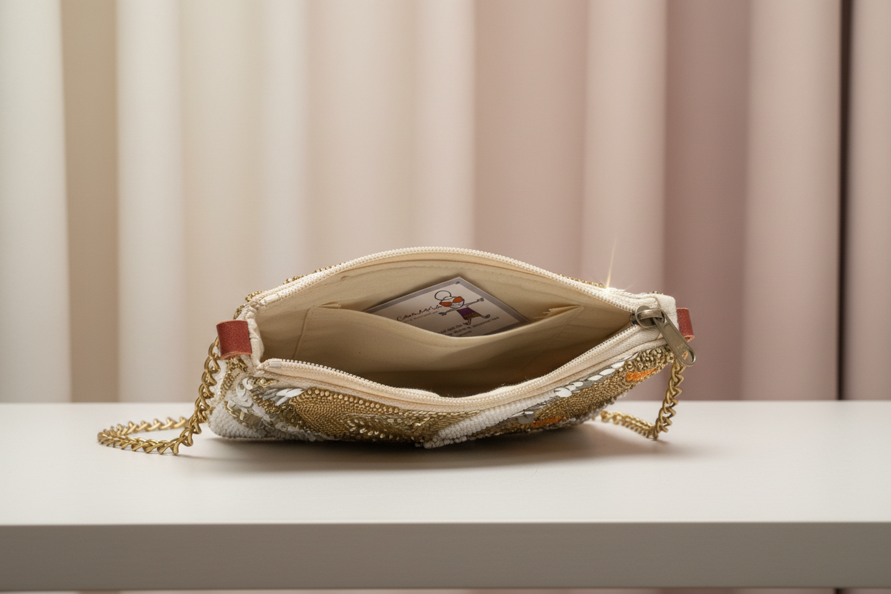 Bolso joya bordado con cuentas oro dorado