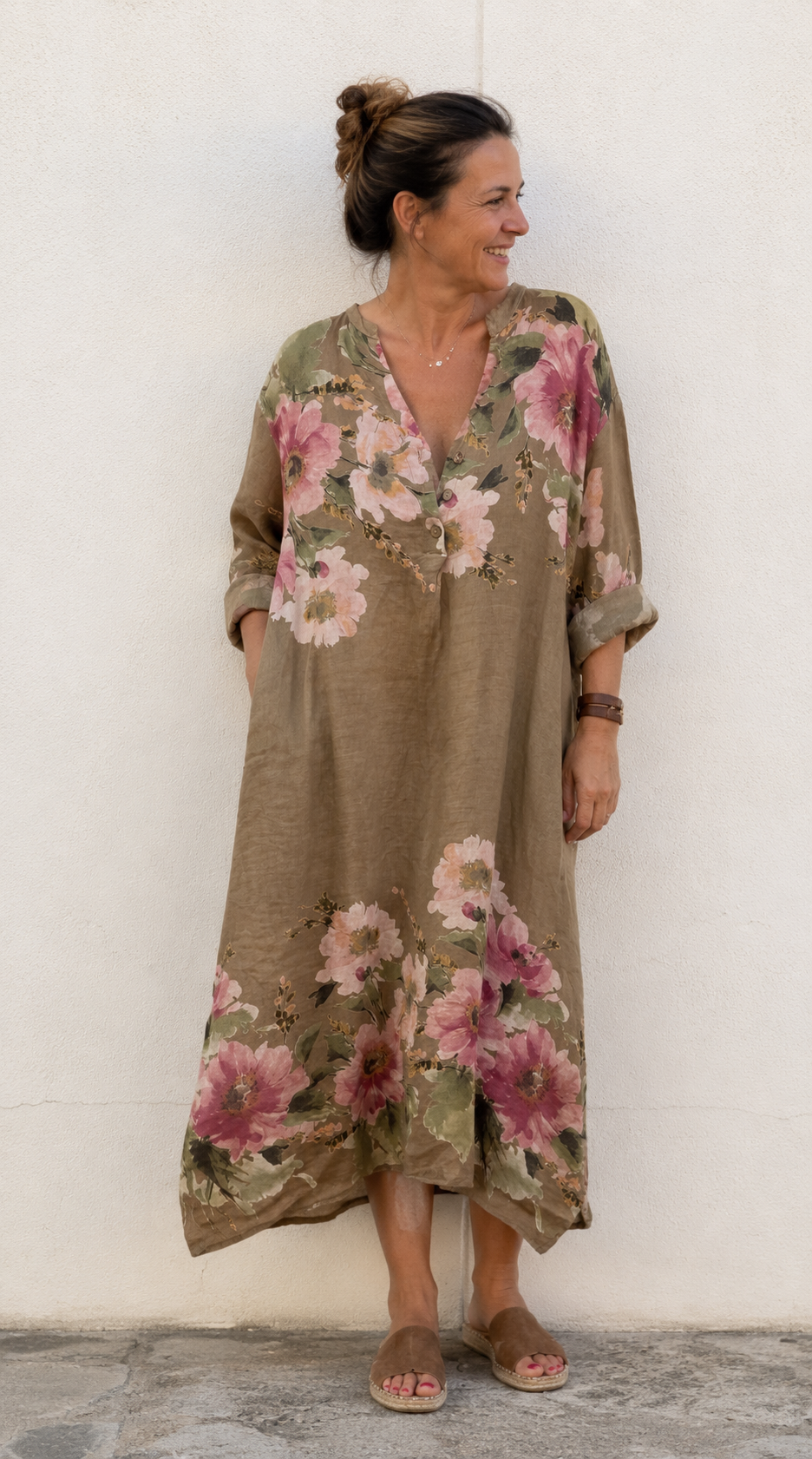 Vestido Kaftán Lino Pintado Estampado Floral