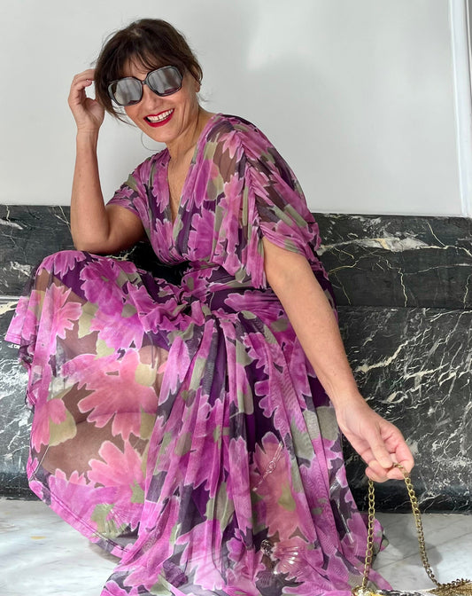 Vestido floral buganvilla punto elástico con forro interior