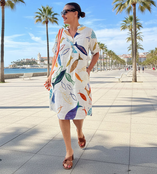 Vestido lino peces bolsillos