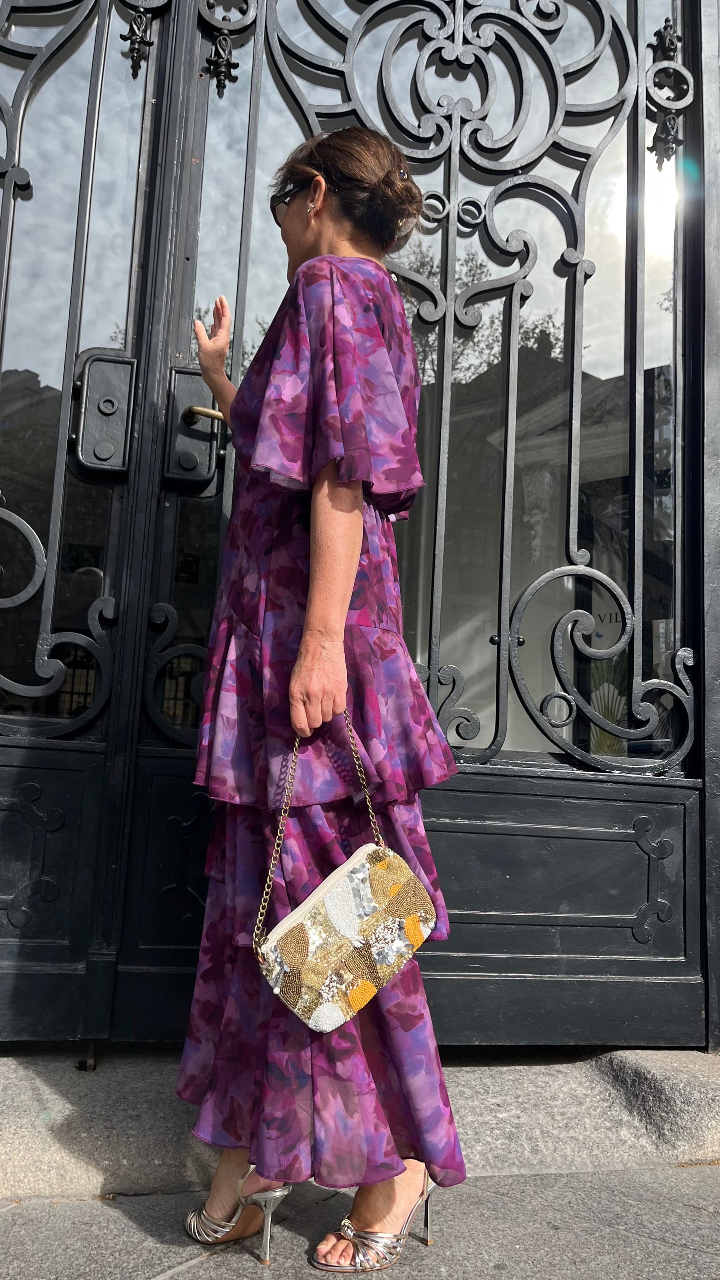 Vestido largo buganvilla con capas y escote pico cintura elástica invitada perfecta celebraciones