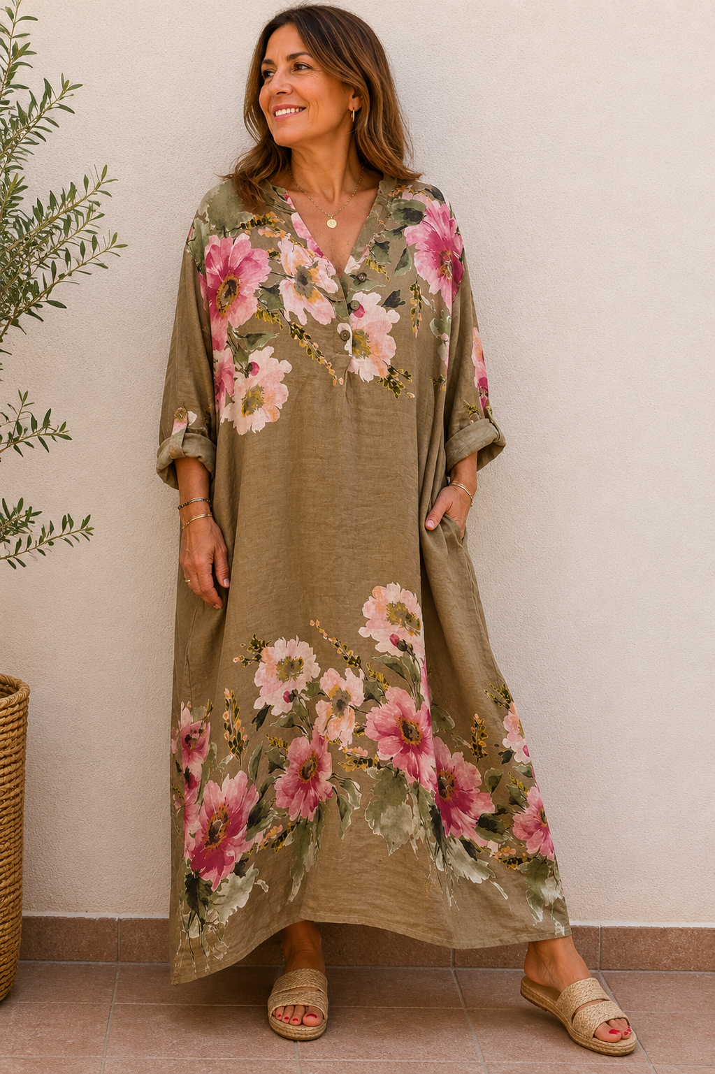 Vestido Kaftán Lino Pintado Estampado Floral