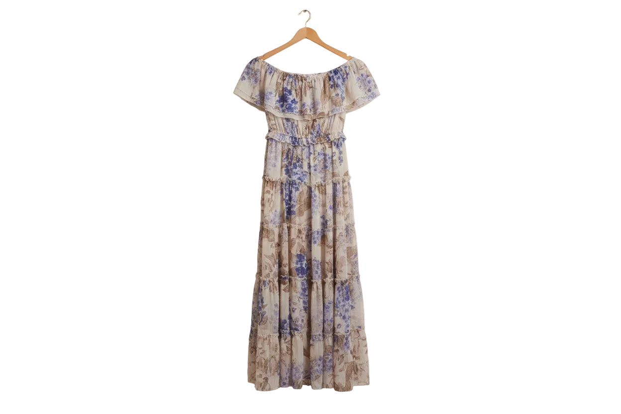 Vestido Maxi Boho Chic Floral - Hombros Descubiertos y Volantes Ideal Invitada