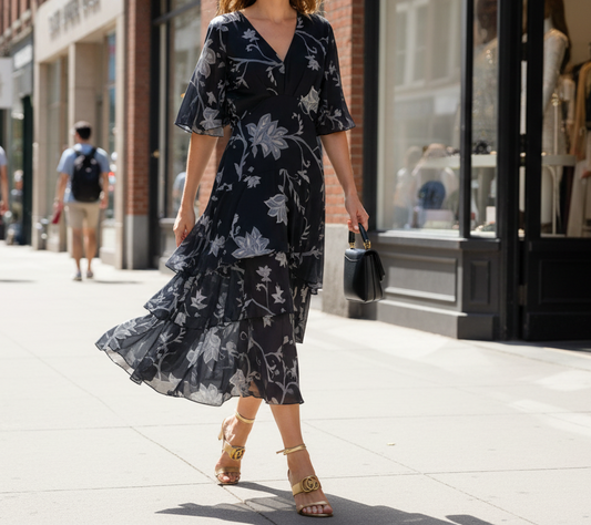 Vestido midi azul noche floral manga fluida mujer