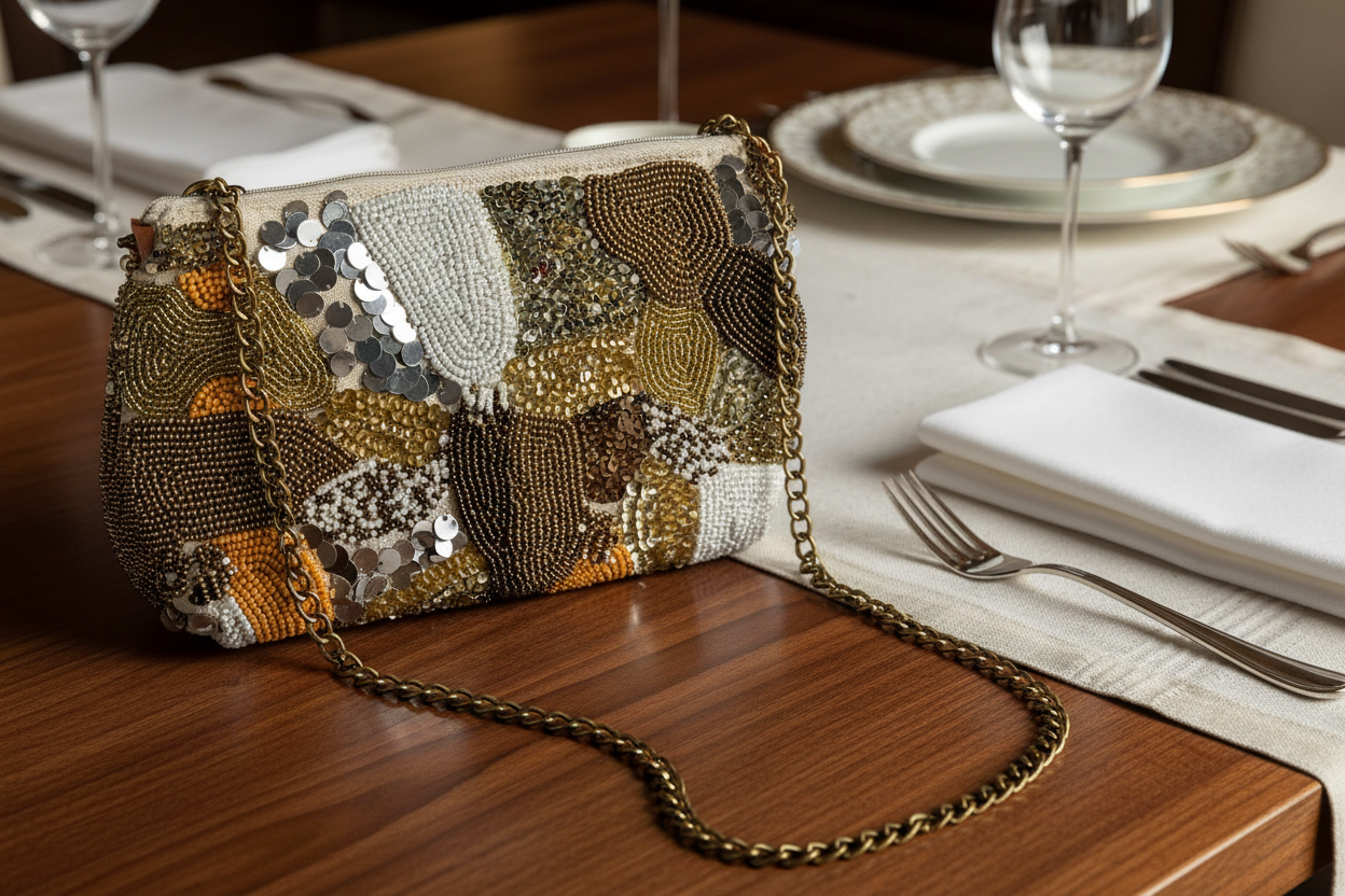 Bolso joya bordado con cuentas oro dorado
