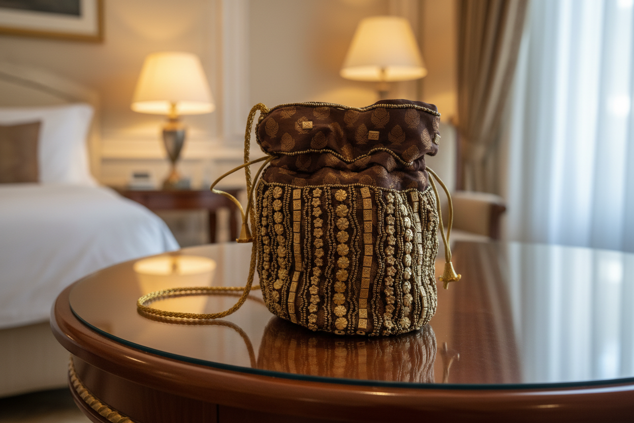 Bolso Bombonera marrón / azul oro.Seda con Jacquard.