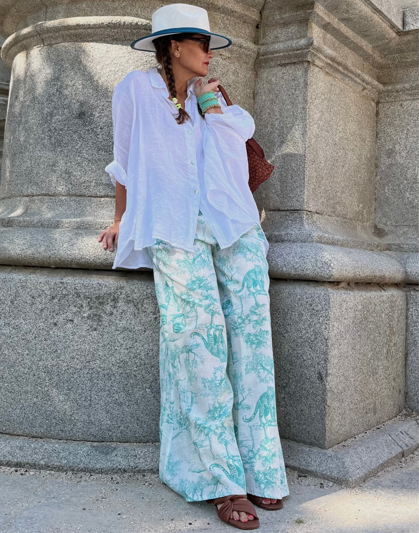 Pantalón de lino estampado Toile de Jouy
