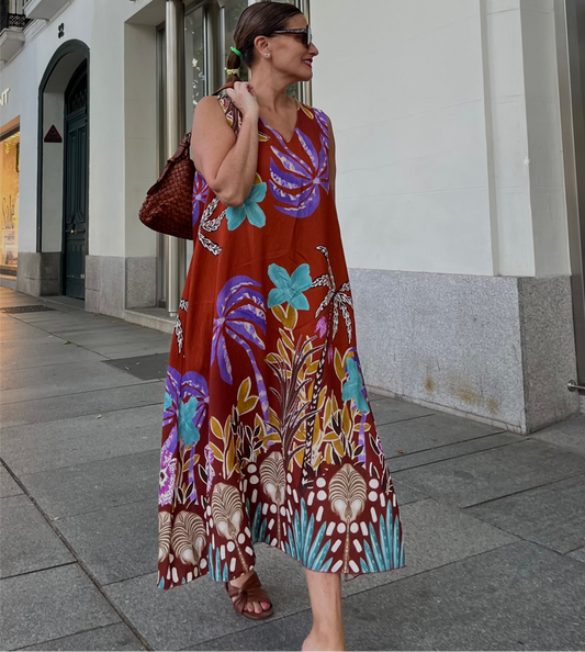 Vestido largo estampado tropical