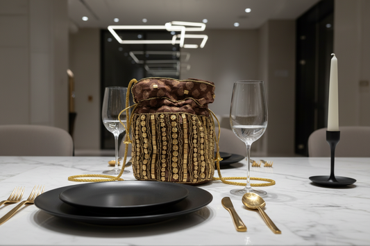 Bolso Bombonera marrón oro.Seda con Jacquard.