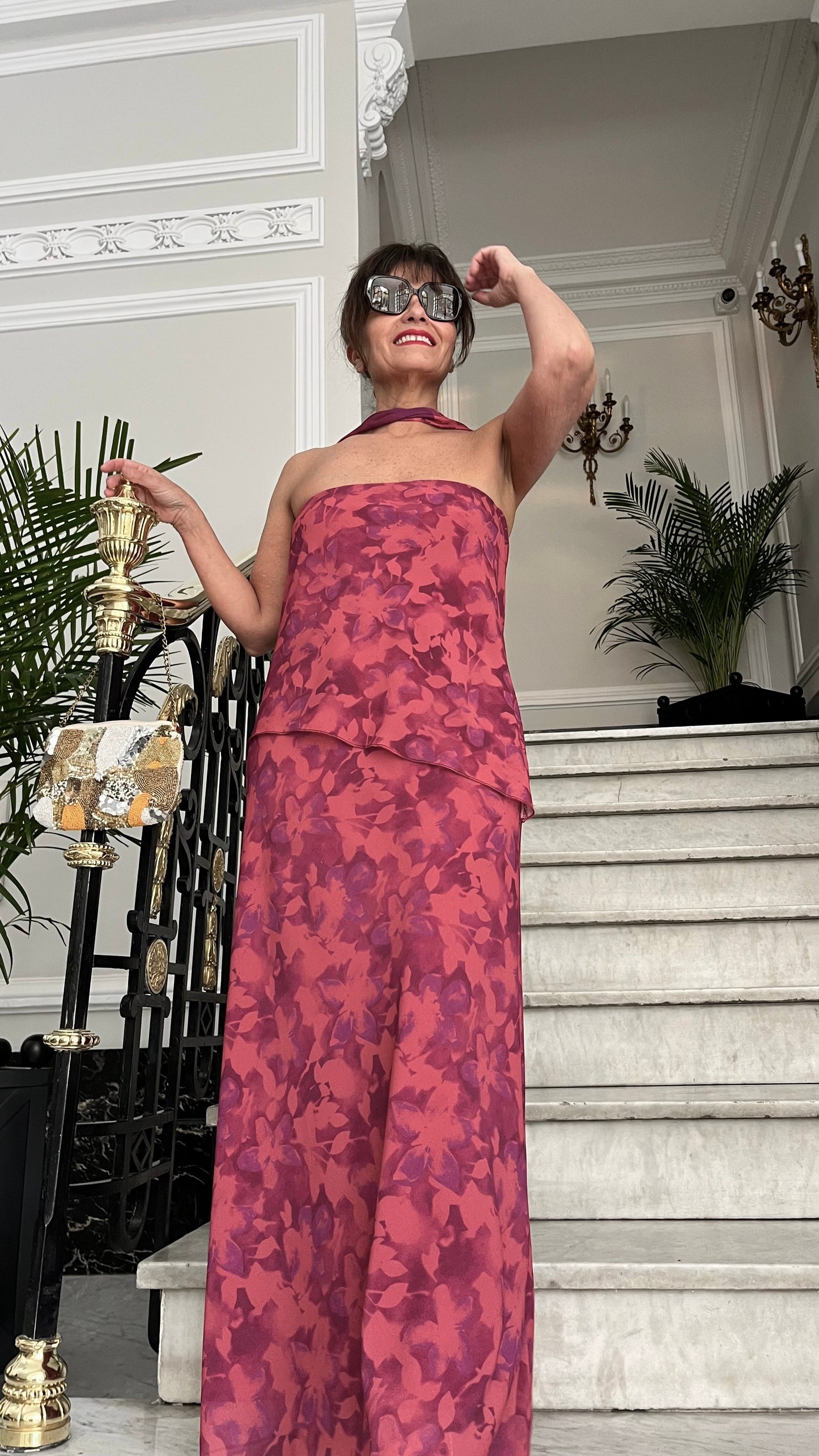 Vestido largo frambuesa palabra de honor con fular