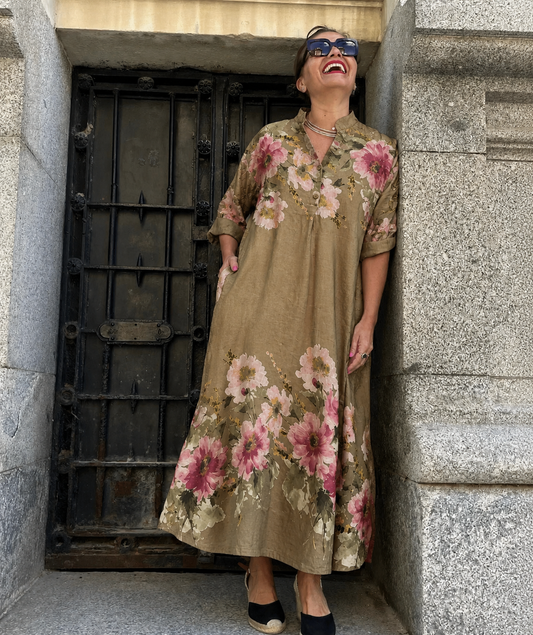 Vestido Kaftán Lino Pintado Estampado Floral